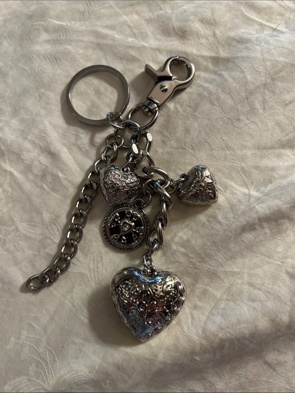 Kathy Van Zeeland Silver Embossed Heart Charm Keychain